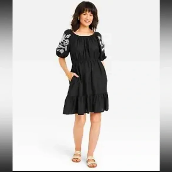 Women's 3/4 Sleeve Embroidered Dress - Knox Rose Black M